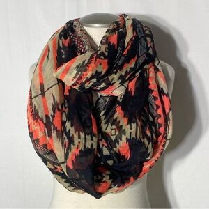 5/$25 Black Beige Neon Orange Semi Sheer Multi Print Infinity Scarf